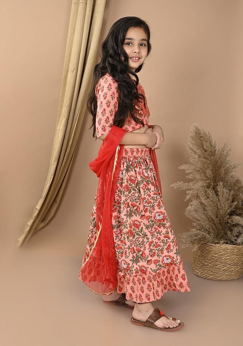 Peach Printed Cotton Blend Lehenga Choli For Girls - Indya