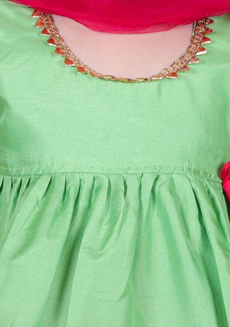 Green Embroidered Blended Lehenga Choli For Girls - Indya