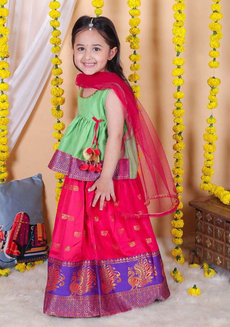 Green Embroidered Blended Lehenga Choli For Girls - Indya