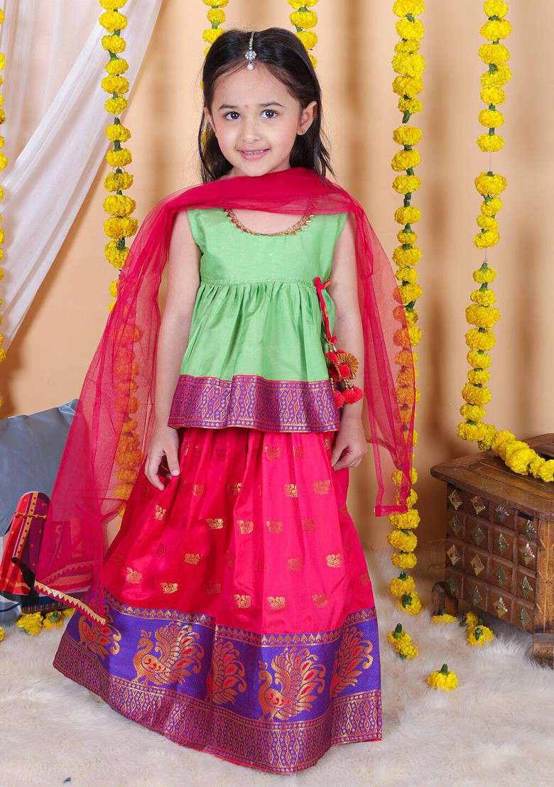 Green Embroidered Blended Lehenga Choli For Girls - Indya