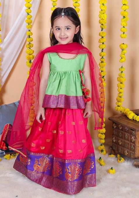 Green Embroidered Blended Lehenga Choli For Girls