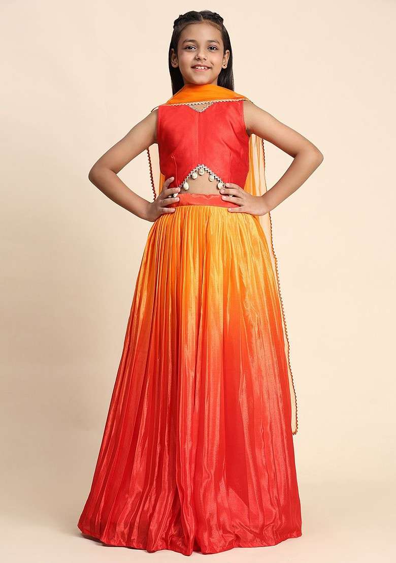 Orange Embroidered Blended Lehenga Choli For Girls - Indya