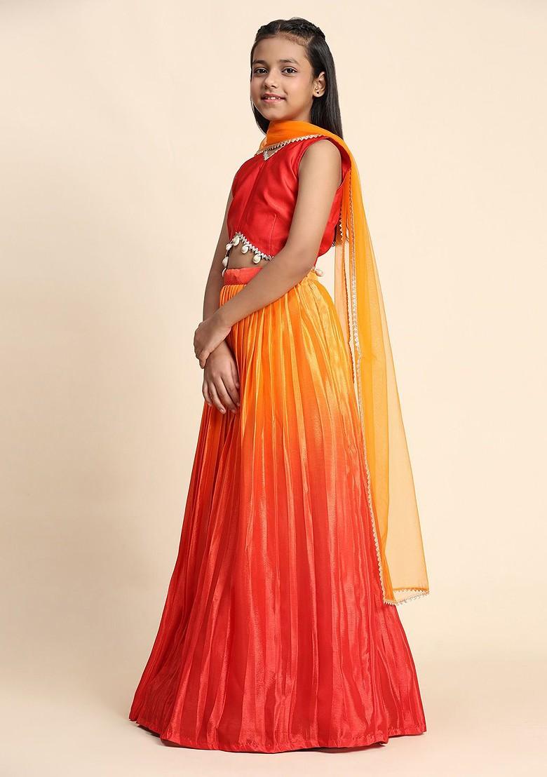 Orange Embroidered Blended Lehenga Choli For Girls - Indya