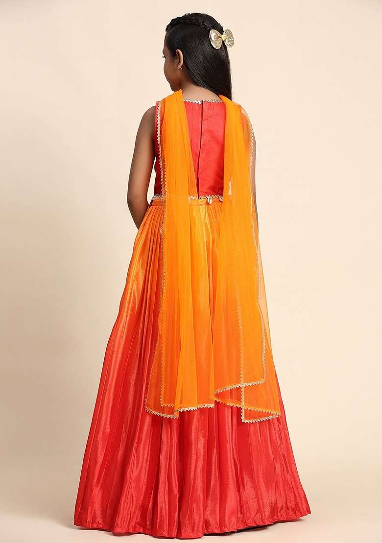 Orange Embroidered Blended Lehenga Choli For Girls - Indya