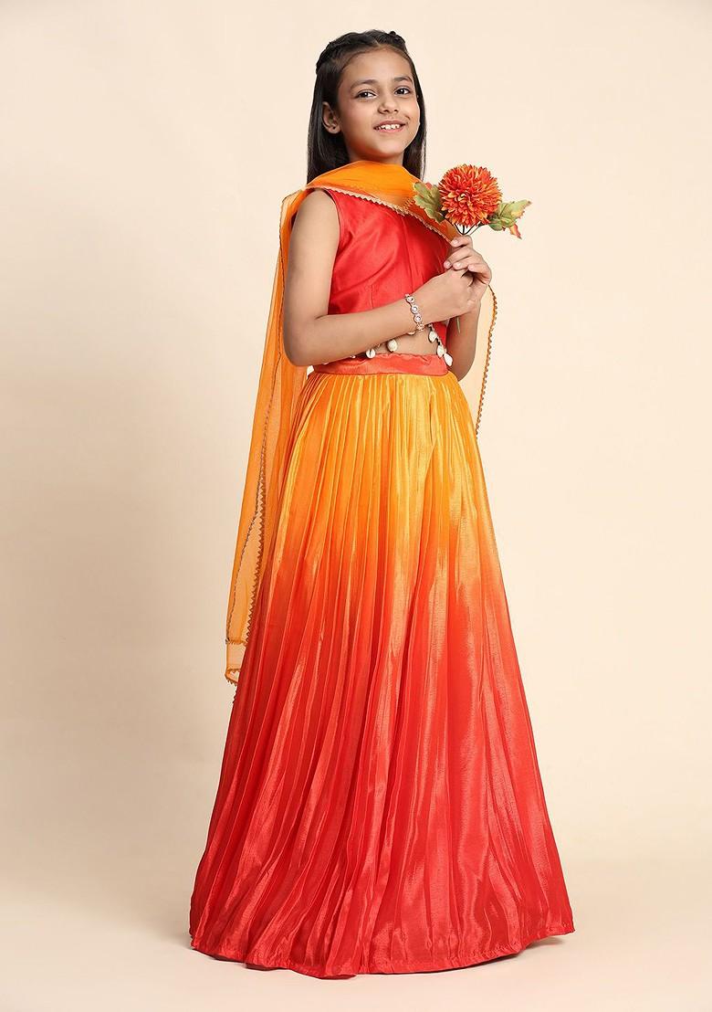Orange Embroidered Blended Lehenga Choli For Girls - Indya