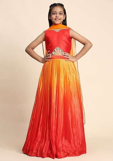 Orange Embroidered Blended Lehenga Choli For Girls