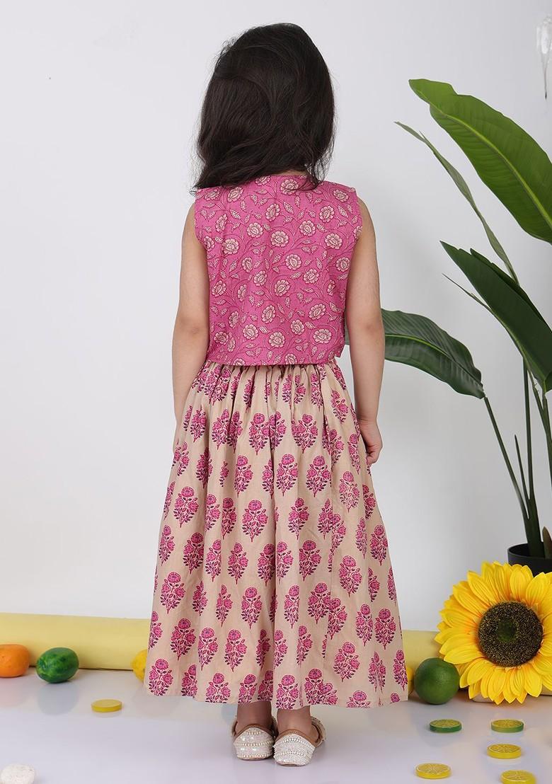 Pink Printed Cotton Blend Lehenga Choli For Girls - Indya