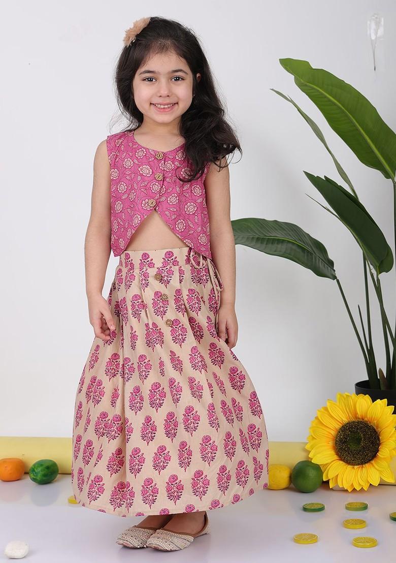 Pink Printed Cotton Blend Lehenga Choli For Girls - Indya