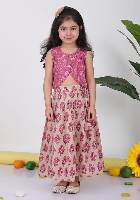 Pink Printed Cotton Blend Lehenga Choli For Girls — view on Indya