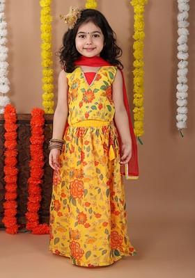 Yellow Printed Cotton Blend Lehenga Choli For Girls