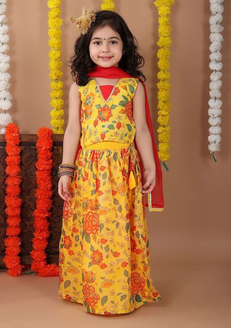 Yellow Printed Cotton Blend Lehenga Choli For Girls - Indya