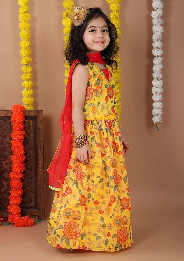 Yellow Printed Cotton Blend Lehenga Choli For Girls - Indya