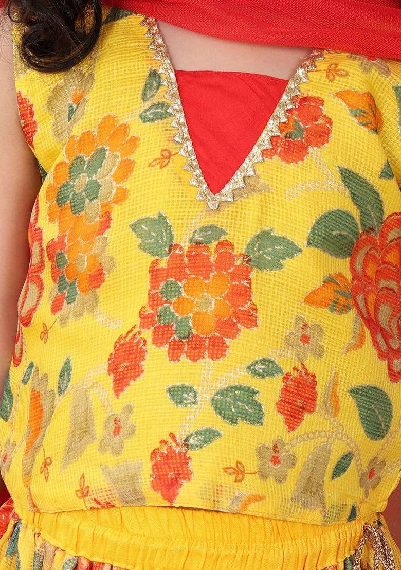 Yellow Printed Cotton Blend Lehenga Choli For Girls - Indya