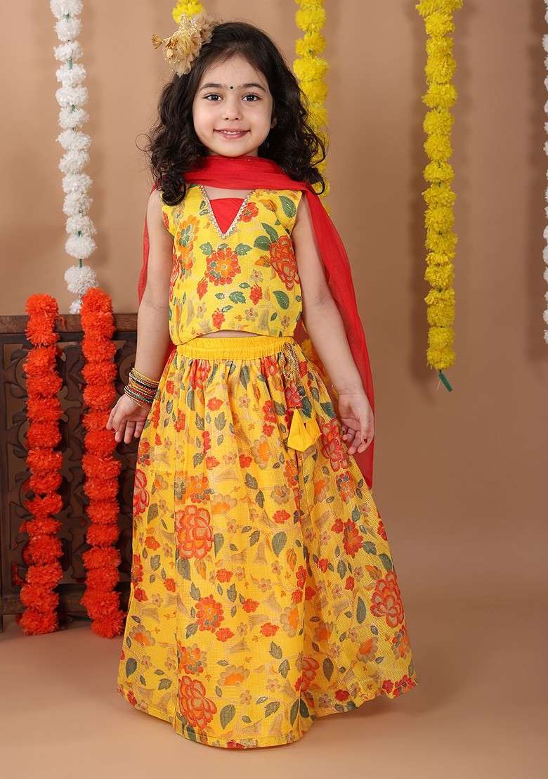 Yellow Printed Cotton Blend Lehenga Choli For Girls - Indya