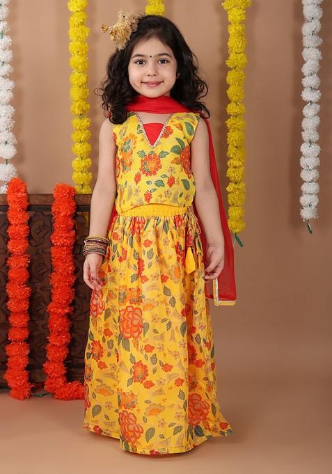 Yellow Printed Cotton Blend Lehenga Choli For Girls — view on Indya