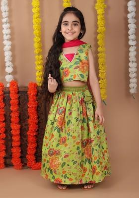 Green Printed Cotton Blend Lehenga Choli For Girls