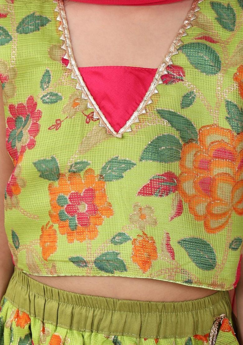 Green Printed Cotton Blend Lehenga Choli For Girls - Indya