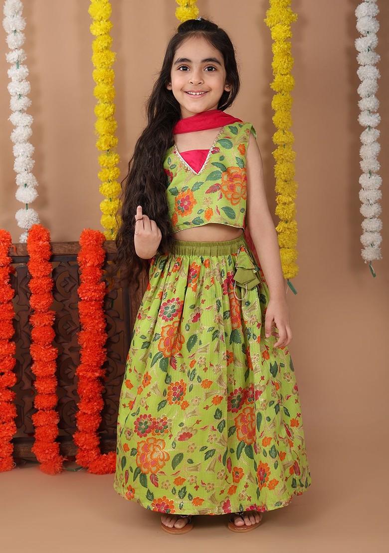 Green Printed Cotton Blend Lehenga Choli For Girls - Indya
