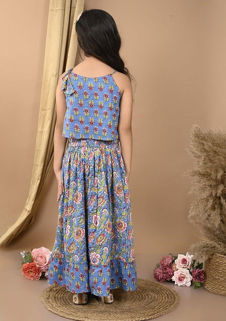 Blue Printed Cotton Blend Lehenga Choli For Girls - Indya