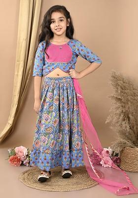 Blue Printed Cotton Blend Lehenga Choli For Girls