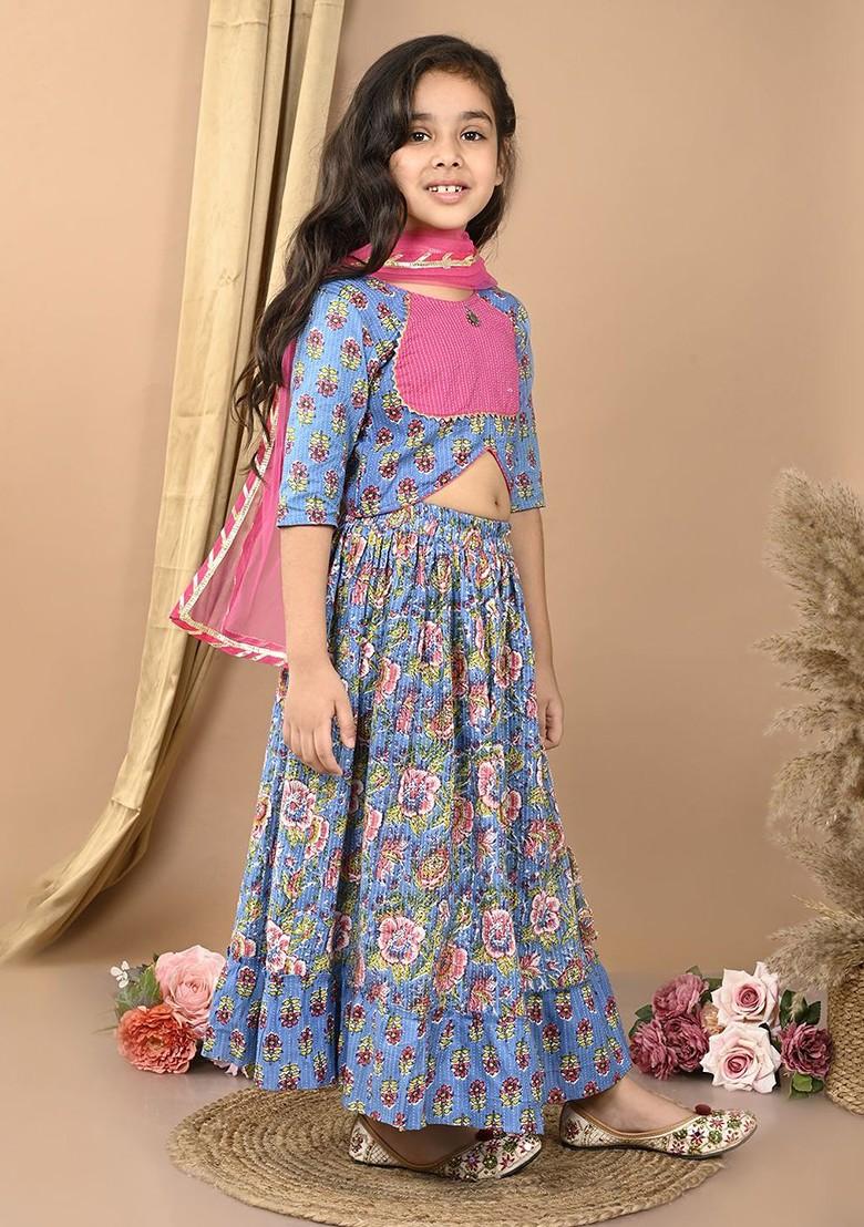 Blue Printed Cotton Blend Lehenga Choli For Girls - Indya