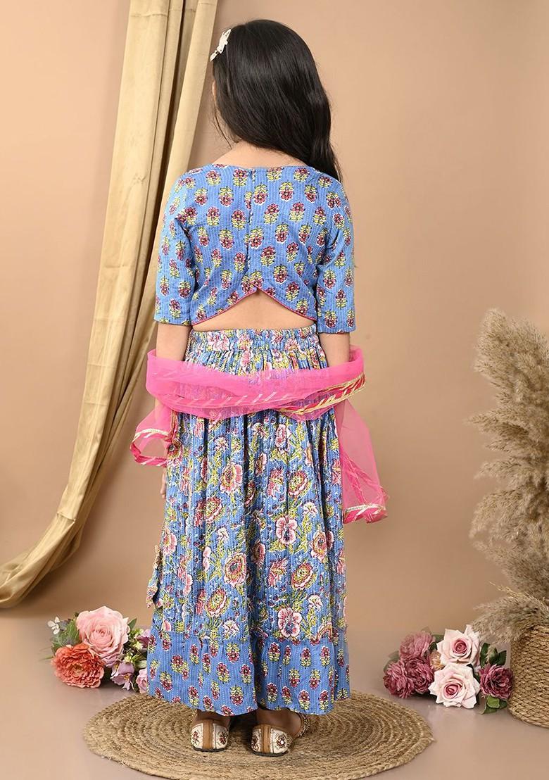 Blue Printed Cotton Blend Lehenga Choli For Girls - Indya