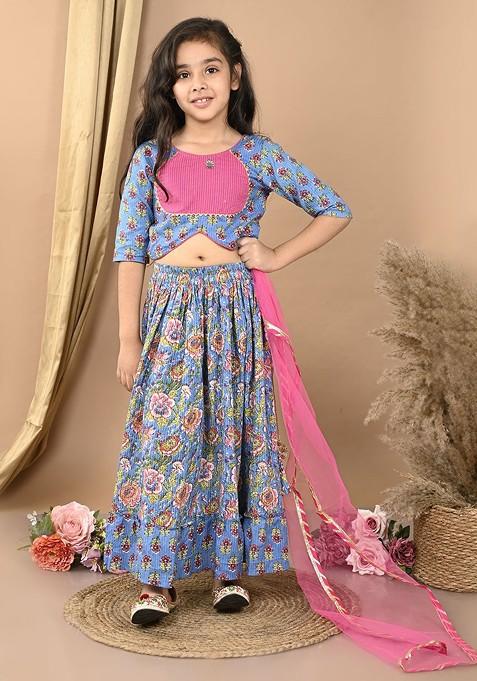 Blue Printed Cotton Blend Lehenga Choli For Girls — view on Indya