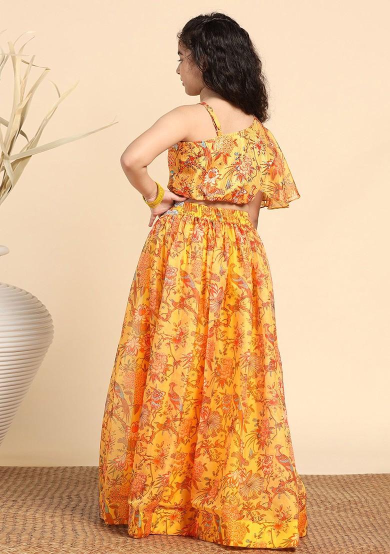 Yellow Printed Blended Lehenga Choli For Girls - Indya