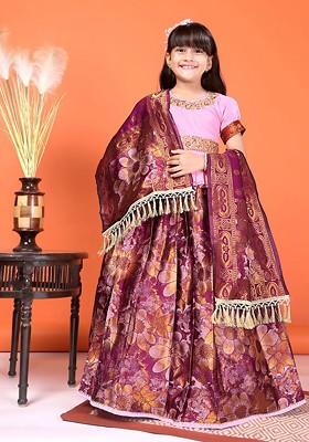 Magenta Embroidered Blended Lehenga Choli For Girls