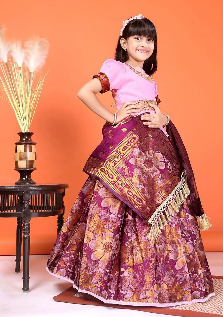 Magenta Embroidered Blended Lehenga Choli For Girls - Indya