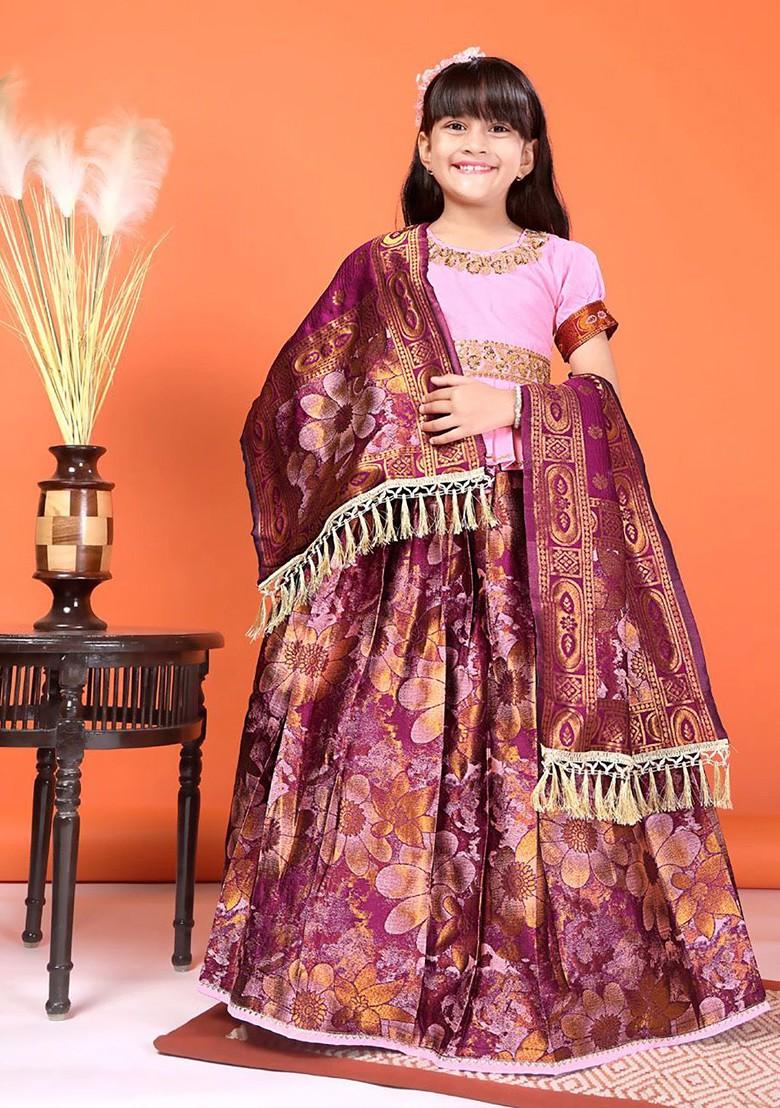 Magenta Embroidered Blended Lehenga Choli For Girls - Indya