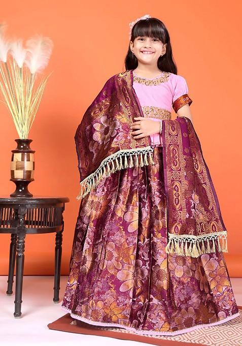 Magenta Embroidered Blended Lehenga Choli For Girls — view on Indya