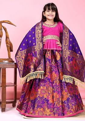 Navy Blue Embroidered Blended Lehenga Choli For Girls