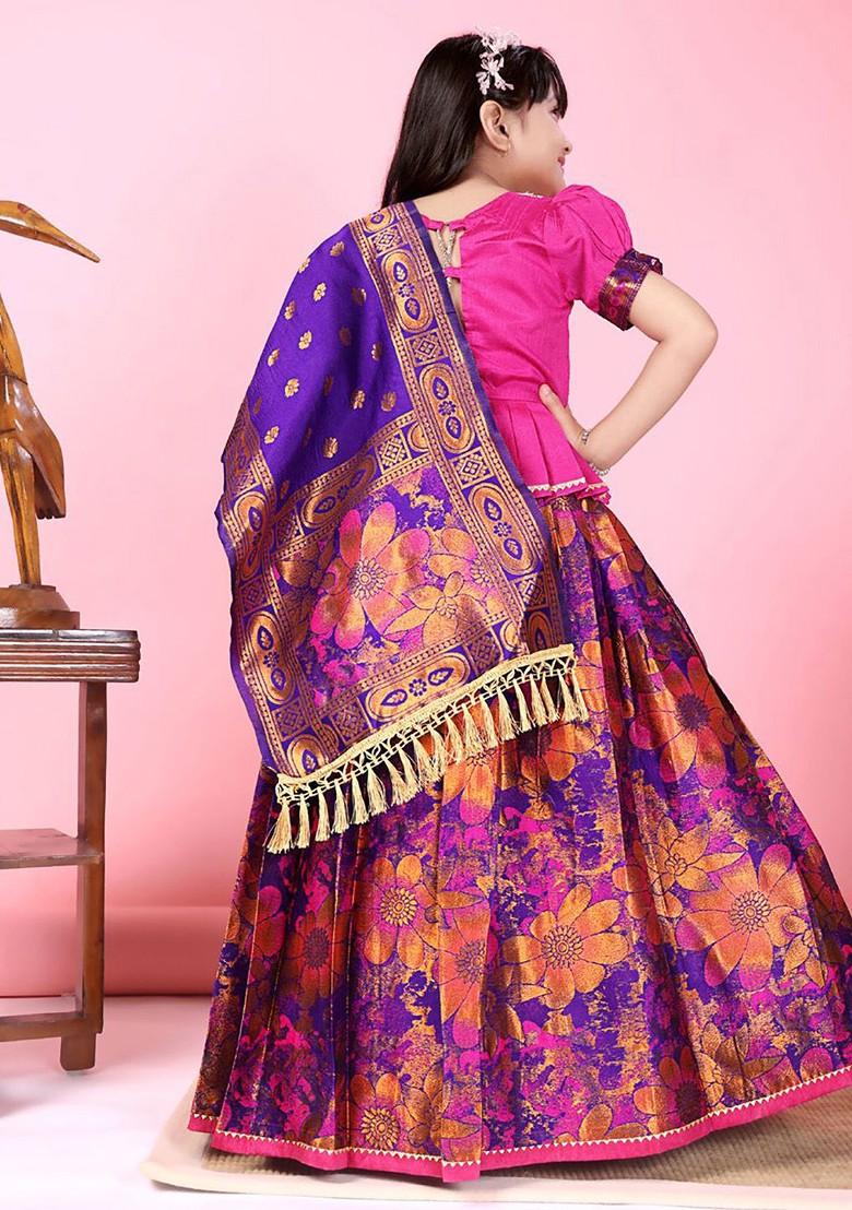 Navy Blue Embroidered Blended Lehenga Choli For Girls - Indya