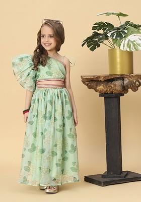 Lime Green Printed Blended Lehenga Choli For Girls