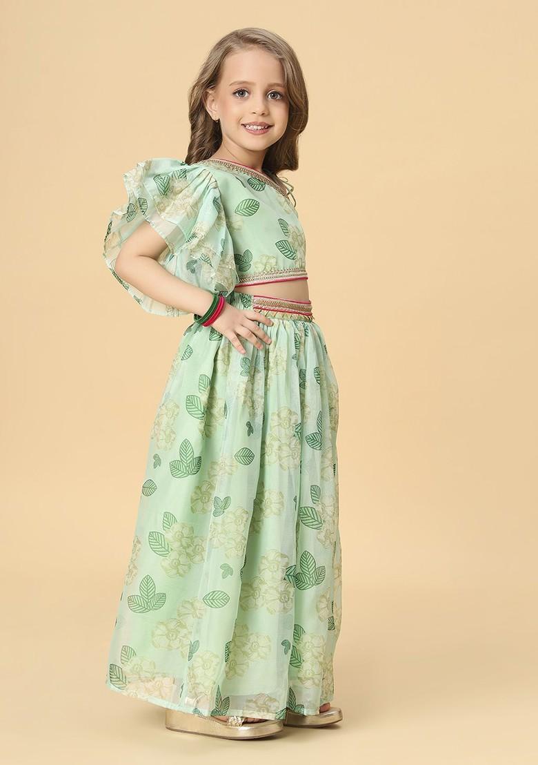 Lime Green Printed Blended Lehenga Choli For Girls - Indya