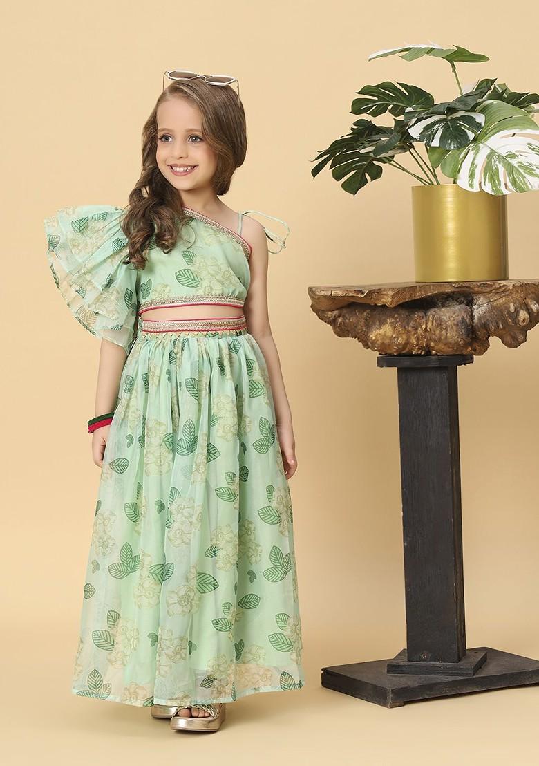 Lime Green Printed Blended Lehenga Choli For Girls - Indya