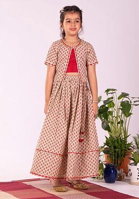 Green Printed Cotton Blend Lehenga Choli For Girls