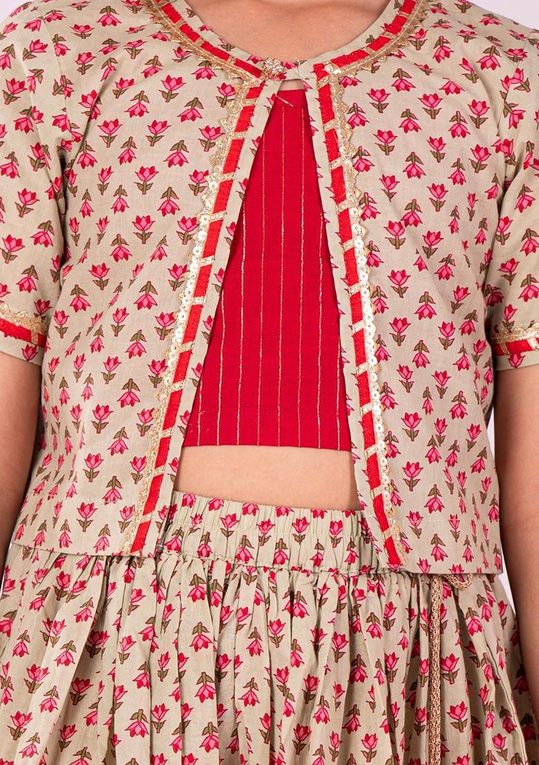 Green Printed Cotton Blend Lehenga Choli For Girls - Indya