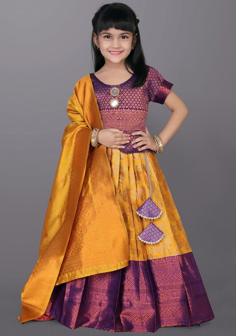 Mustard Embroidered Blended Lehenga Choli For Girls - Indya