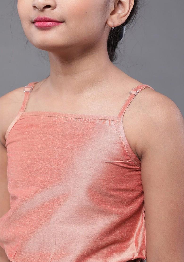 Rose Gold Embroidered Blended Lehenga Choli For Girls - Indya