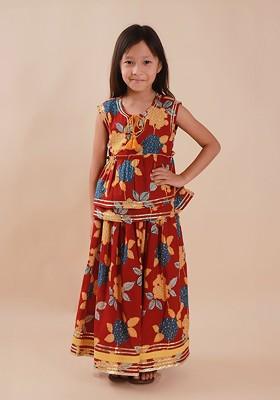 Red Printed Cotton Blend Lehenga Choli For Girls