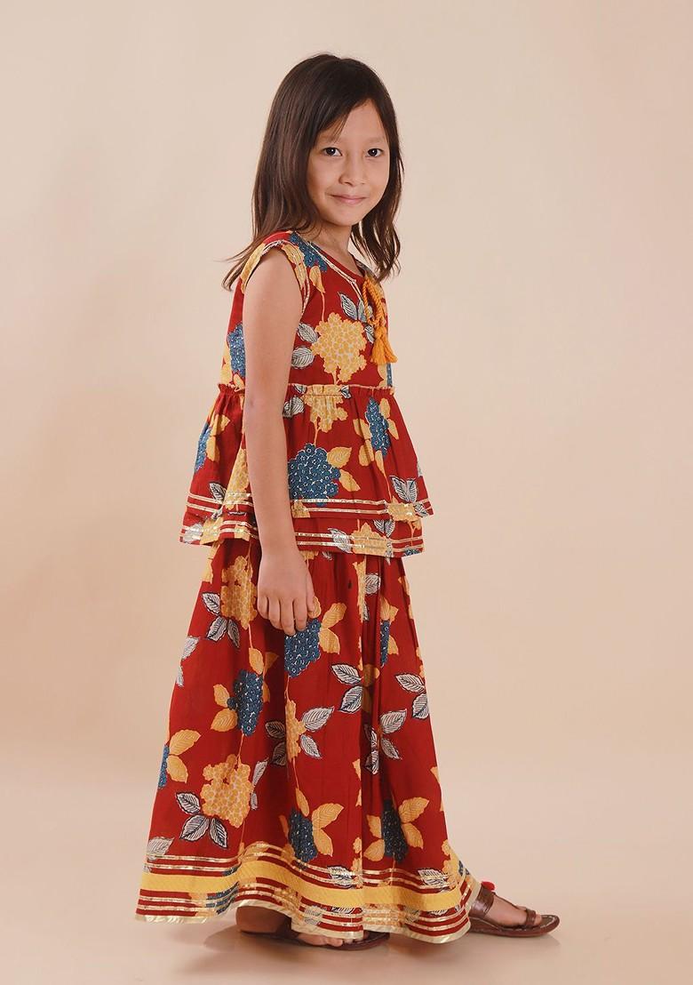 Red Printed Cotton Blend Lehenga Choli For Girls - Indya