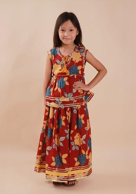 Red Printed Cotton Blend Lehenga Choli For Girls — view on Indya