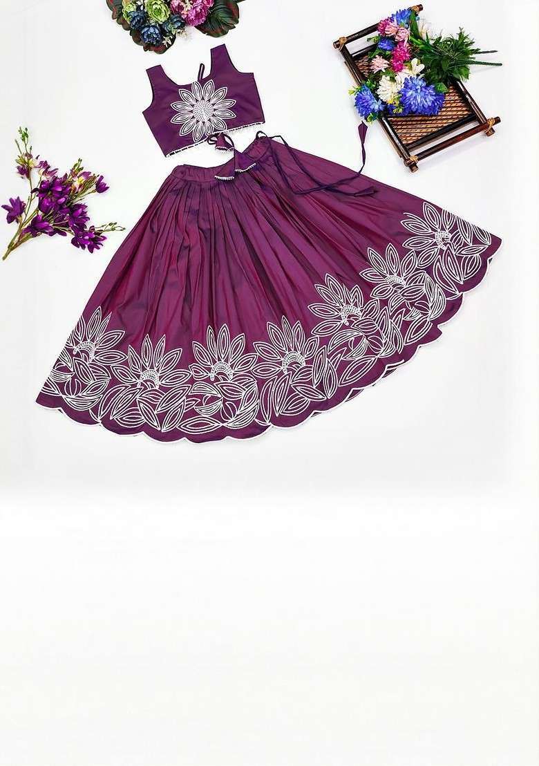 Purple Embroidered Silk Lehenga Choli For Girls - Indya