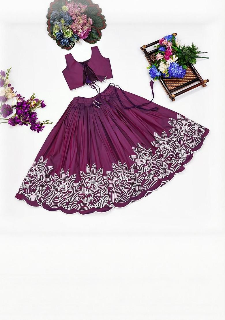 Purple Embroidered Silk Lehenga Choli For Girls - Indya