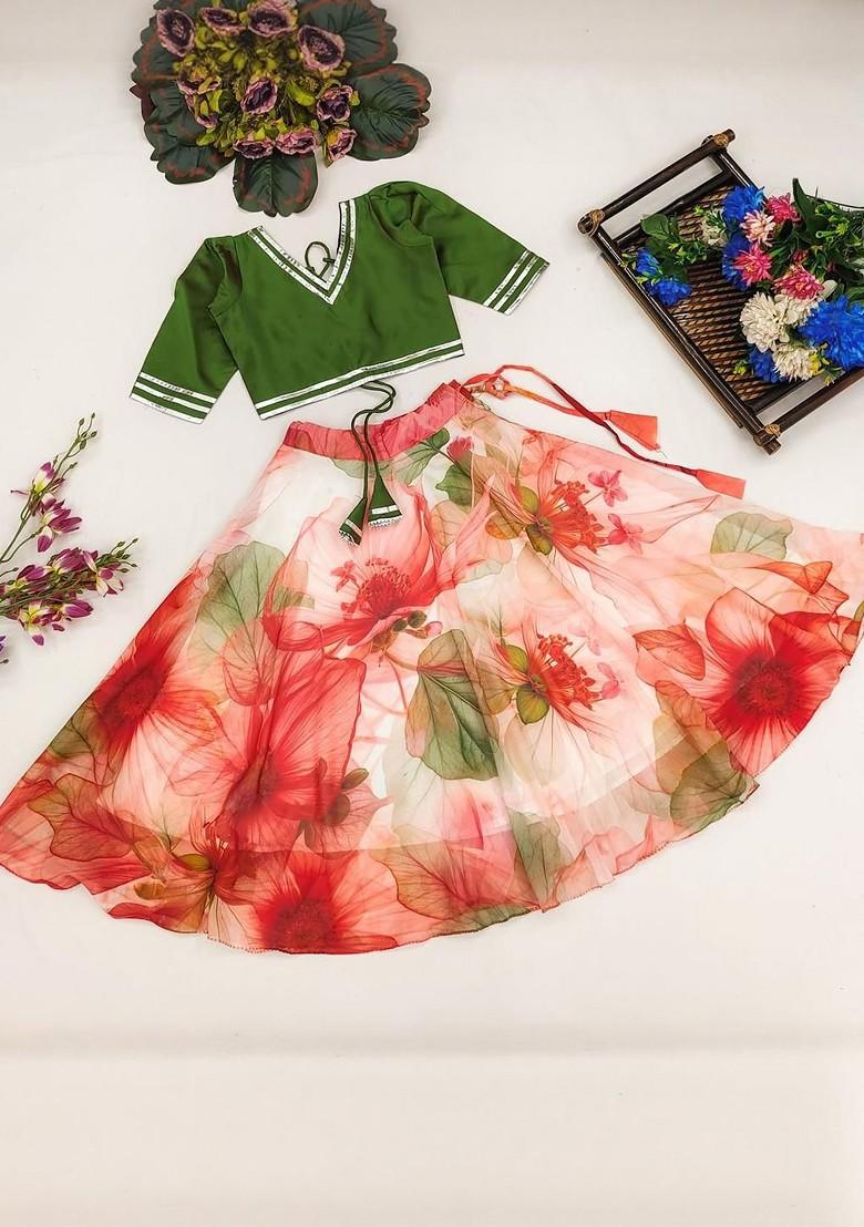 Green Embroidered Georgette Lehenga Choli For Girls - Indya