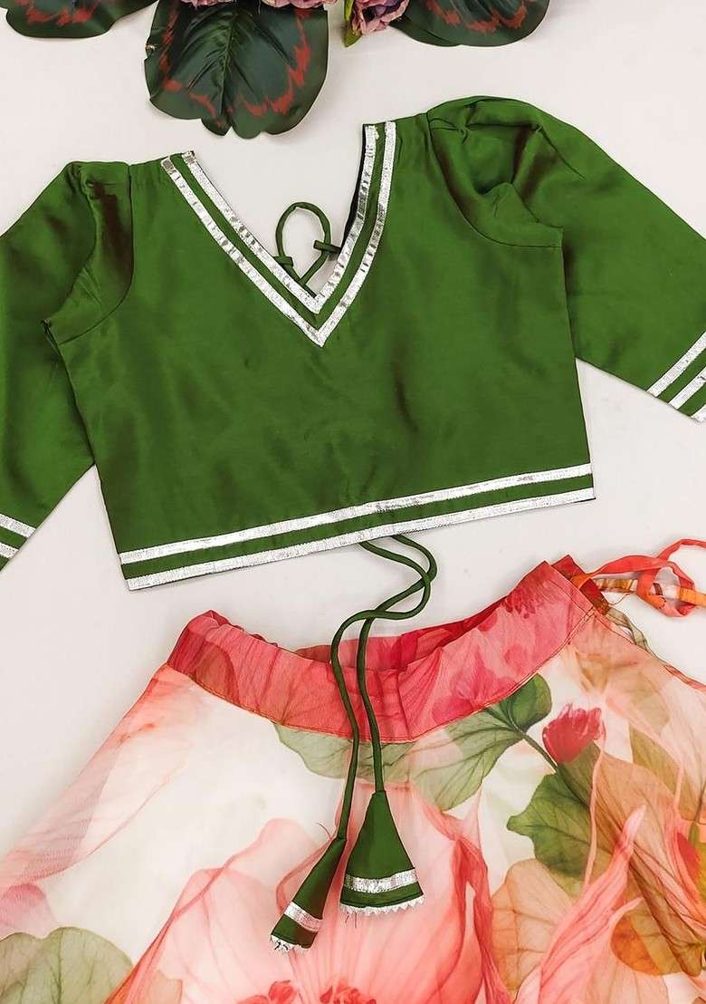 Green Embroidered Georgette Lehenga Choli For Girls - Indya