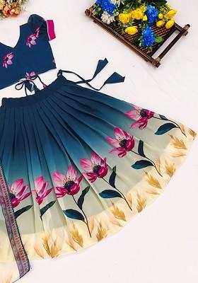 Blue Embroidered Georgette Lehenga Choli For Girls