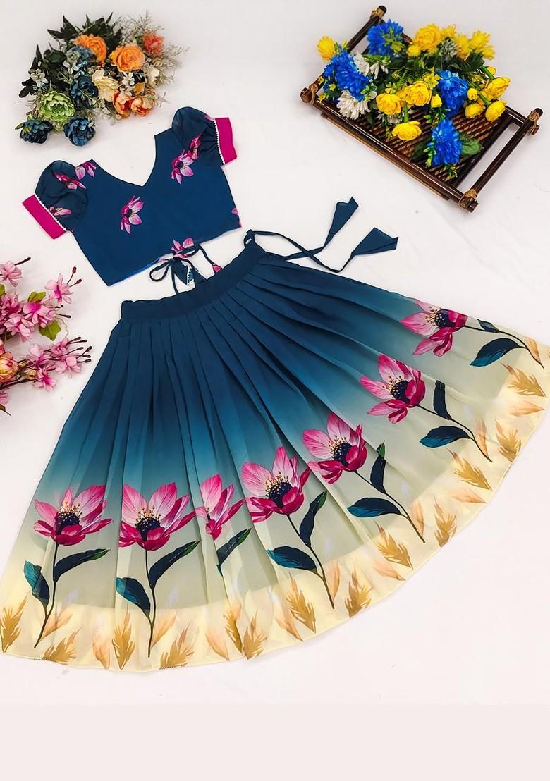 Blue Embroidered Georgette Lehenga Choli For Girls - Indya